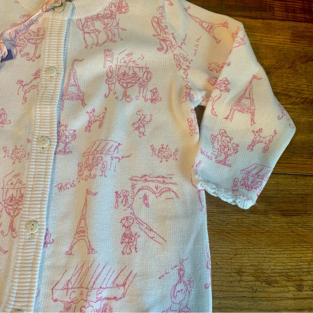 Vintage April Cornell Poodle In Parie Print Cardigan White& Pink Button Front - Picture 5 of 8